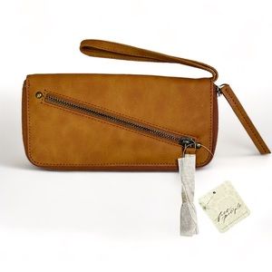 Free People Distressed Vegan Leather Wallet Wristlet Bag Natural Brown NWT